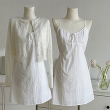 吊带裙美式休闲少女连衣裙女夏季新款纯白竖条纹绑带甜美裙子