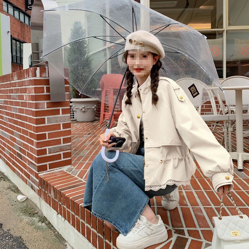 Khaki Lace Splicing Petite Short Coat for Women, Petite 2025 Spring New Workwear Waist-Cinching Stand Collar Trench Coat Khaki Lace Splicing Petite Short Coat for Women, Petite 2025 Spring New Workwear Waist-Cinching Stand Collar Trench Coat