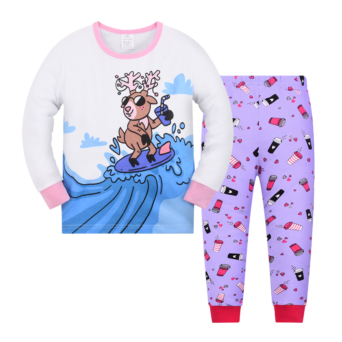 2024 otoño y invierno nuevo comercio exterior conjunto de ropa de casa para niños estilo europeo y americano impresión de dibujos animados niños pijamas de cuello redondo delgados