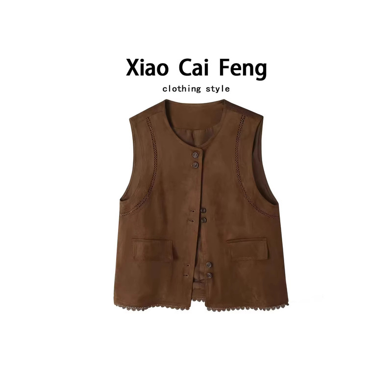 Old Money Style Suede Sleeveless Vest for Women, Unique Niche Hollow-Out Crochet Layered Vest Short Jacket for Spring and Autumn Old Money Style Suede Sleeveless Vest for Women, Unique Niche Hollow-Out Crochet Layered Vest Short Jacket for Spring and Autumn