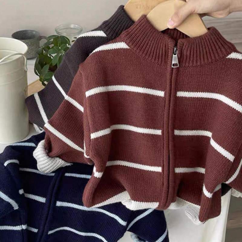 Children's striped cardigan sweater for boys, 2025 autumn/winter new style, baby knitted zip-up sweater, children's sweater coat, cotton.