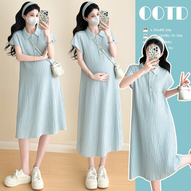 Summer New Style Refreshing Ice-Feel Maternity Dress Short-Sleeved Lapel Maternity Dress Mid-Length Stretchy Polo Long Dress