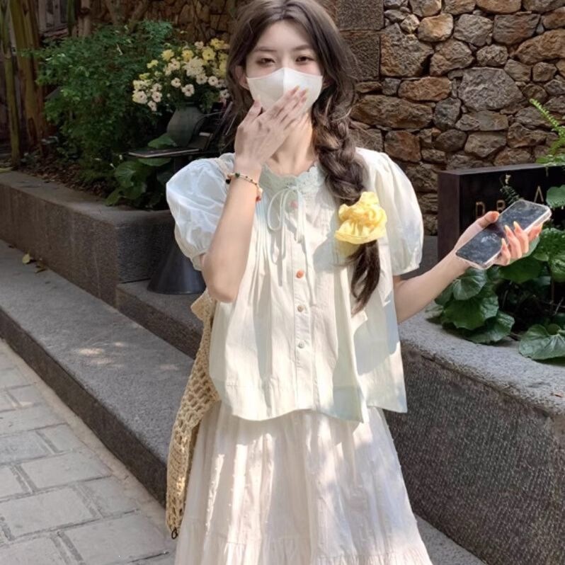 Sweet Style Lace-Trimmed Loose Short-Sleeved Shirt Top for Women, Early Summer Dopamine Outfit Set, Forest-Style Pastoral Style