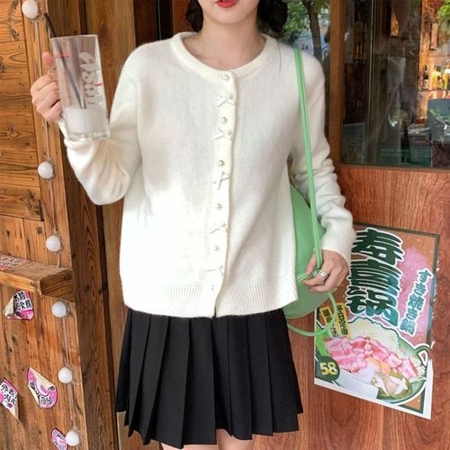Fanyue Yellow Butterfly Knot Pearl Button Cardigan for Women - Spring Plain Color New Bestseller Gentle Style Knit Sweater