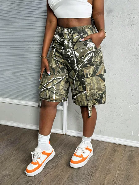 Loose Wide-Leg Women's Cargo Shorts with Camouflage Print, Casual European and American Style, Pocketed Denim Shorts for Women