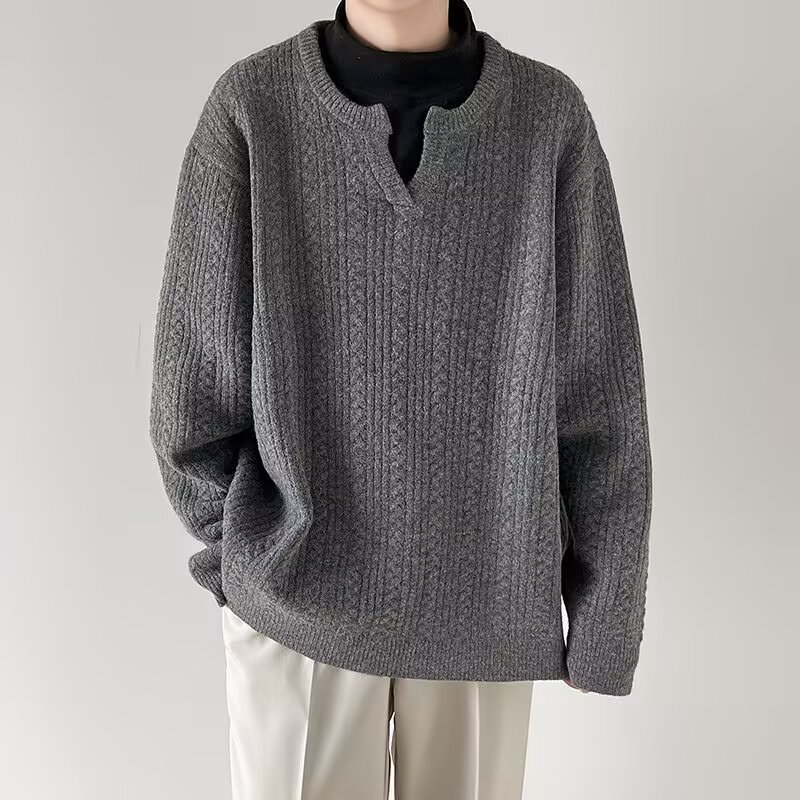 Pull en tricot à col en v pour homme en mélange coton hiver_voghion.com