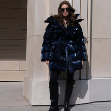 跨境速卖通爆款冬季保暖闪亮反光系带收腰中长款羽绒服棉服外套女