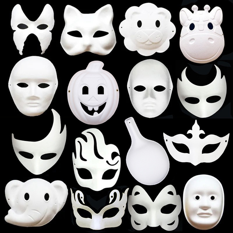 Paper Pulp Fox Mask Children's Hand-Painted White Half-Face Halloween Cat Full-Face Peking Opera Mask DIY Craft