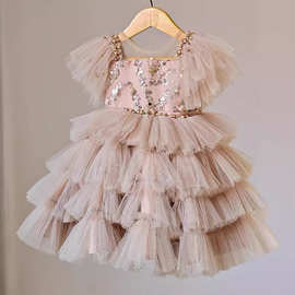 Kids Dress 2026新款女童米色亮片层层吊带礼服蓬蓬网纱裙蝴蝶结