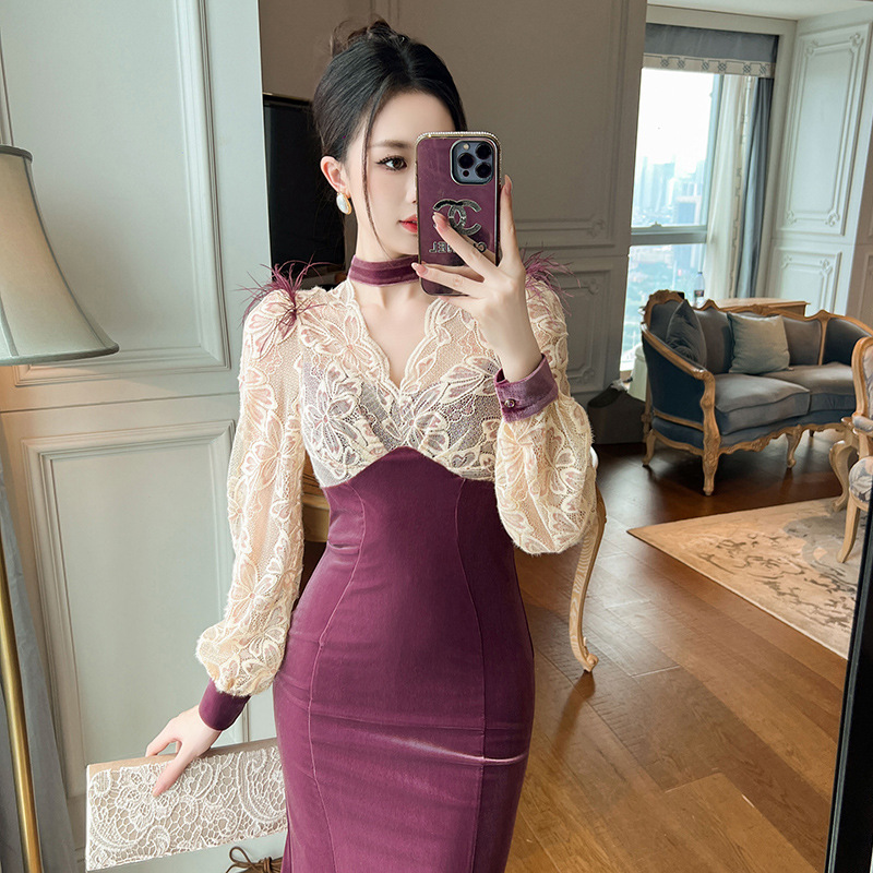 Party Evening Dress 2026 Spring French Style V-Neck Waist-Cinching Lace Patchwork Slim Fit Fishtail Dress for Women 20982