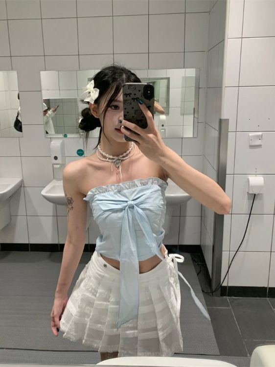 设计感木耳边系带抹胸背心女装夏季小众减龄收腰显瘦无袖纯欲上衣|undefined