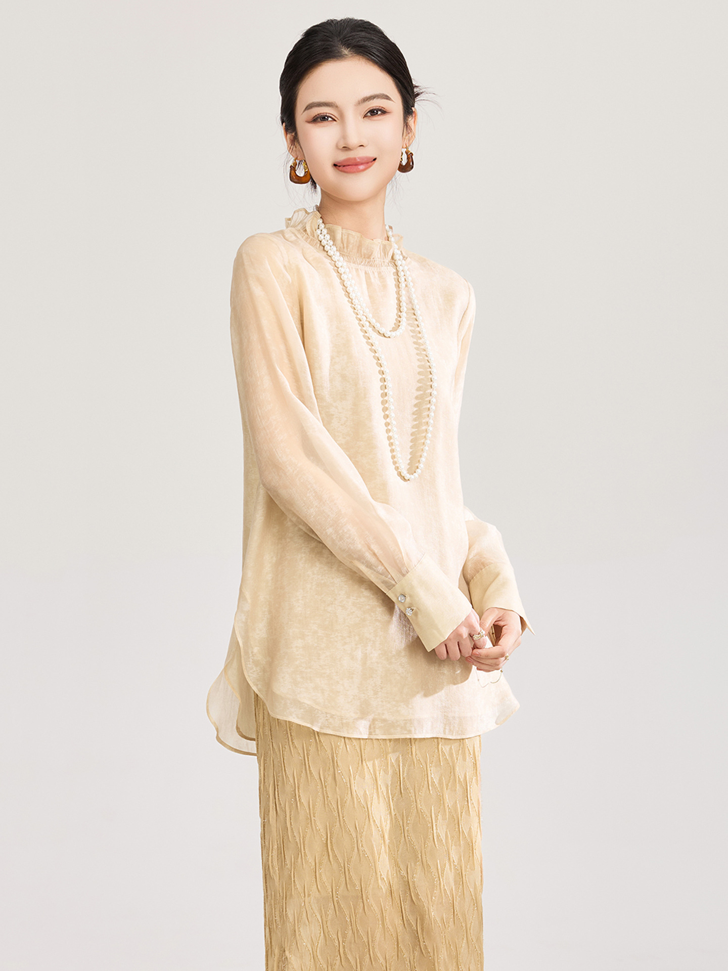 Áo sơ mi dài tay cổ đứng họa tiết in lụa phong cách Trung Hoa mới — màu đen