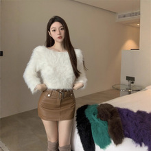 实拍 秋冬韩版设计感纯欲性感纯色仿水貂绒简约短款软糯毛衣女