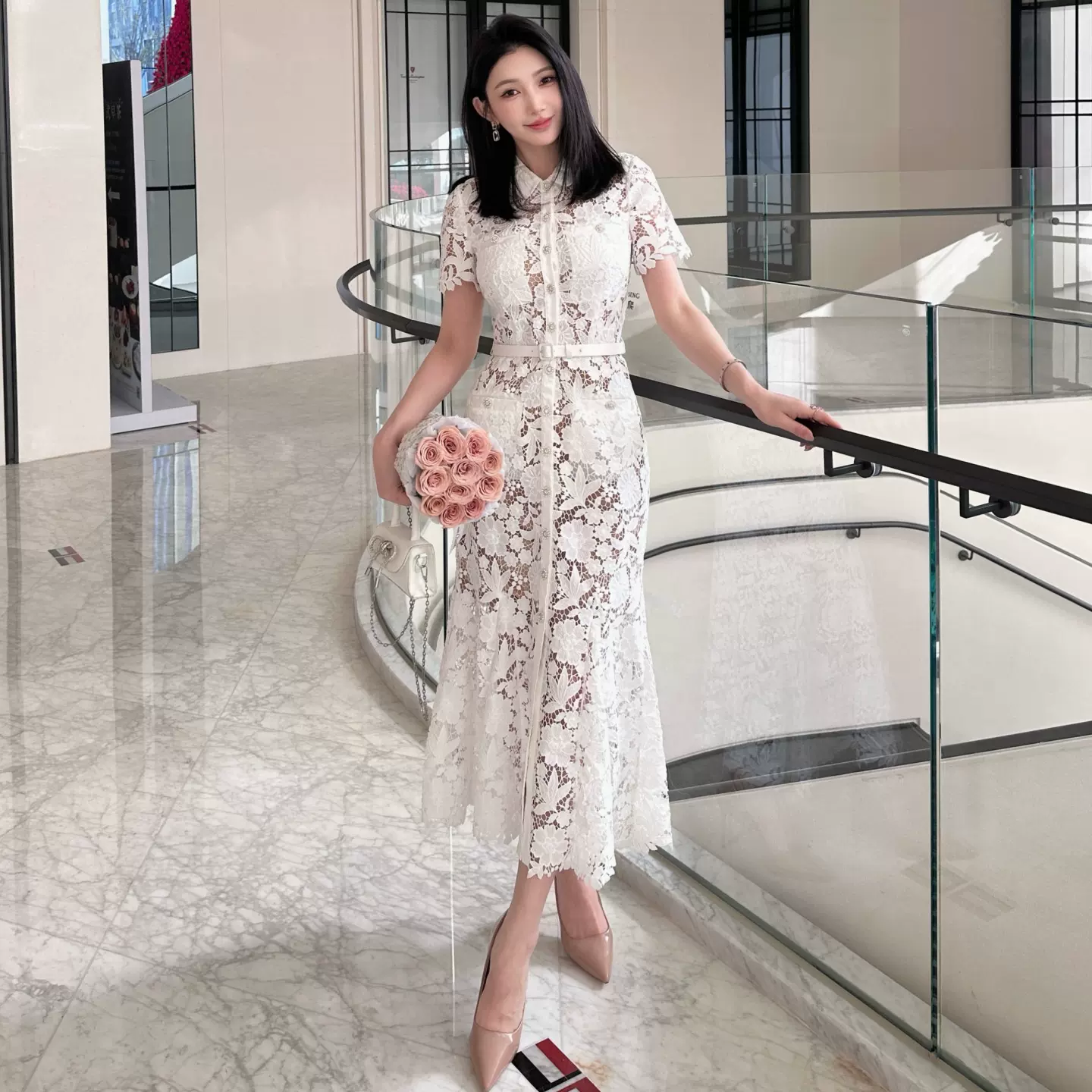 法式复古水溶蕾丝连衣裙女白色翻领短袖收腰鱼尾裙气质优雅长裙子