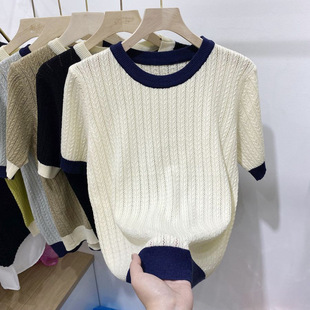 40-100kg Ice Silk Short Sleeve T-Shirt for Women, Summer Patchwork Hollow Thin Loose Plus Size Crew Neck Top Knitwear
