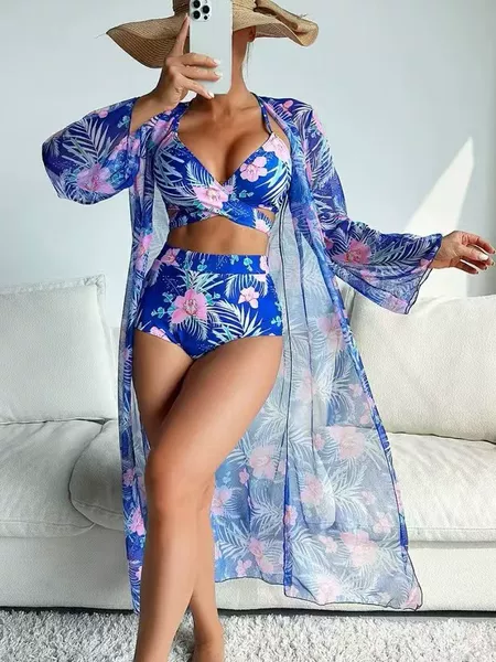 2025 European and American Export Swimsuit Women's Split Three-Piece Long-Sleeved Ins Blouse Internet Celebrity Cross-Border Strap Bikini