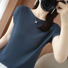 氷糸曲珠半袖女性夏の薄い襟の新しい高級ニットシャツのゆるいtシャツは冷たくて痩せている