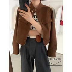 レトロな立襟のスエードの初秋のコートの女性の短いタイプのゆったりしたカジュアルな機関車の服のジャケットの小さい子供の百合の上着