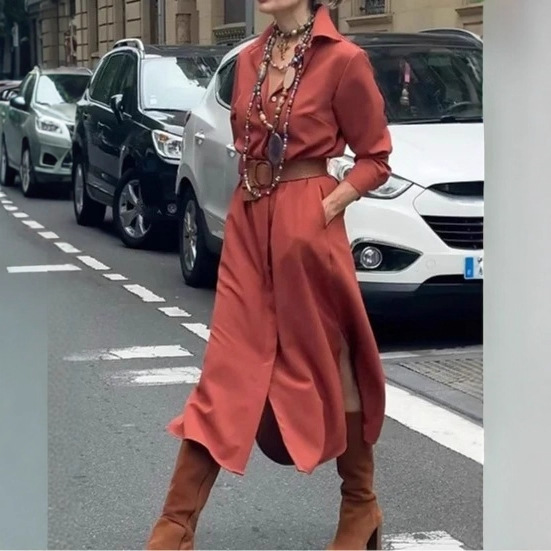 2025 European and American Women's Clothing, Pure Color High-Waisted Autum Loose and Slimming Look Draped Mid-Length Skirt Shirt Collar Dress