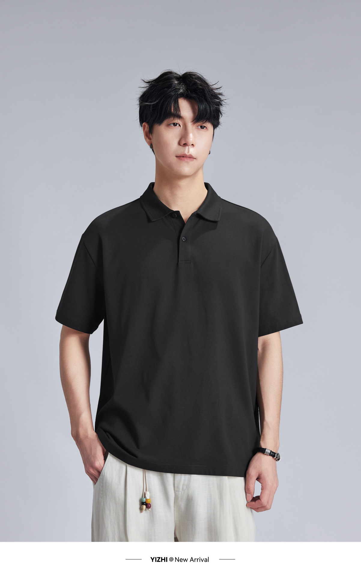 Áo polo nam cổ bẻ dáng rộng chất liệu cotton dày 220g, tay ngắn thoáng khí — đen chi tiết 18