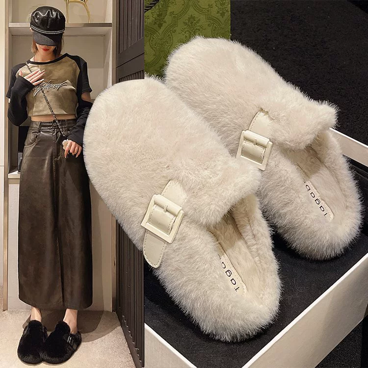 Женские меховые тапочки, новинка осени и зимы 2025 года, модные уличные полутапочки с закрытым носком, хлопковые тапочки, меховая обувь.