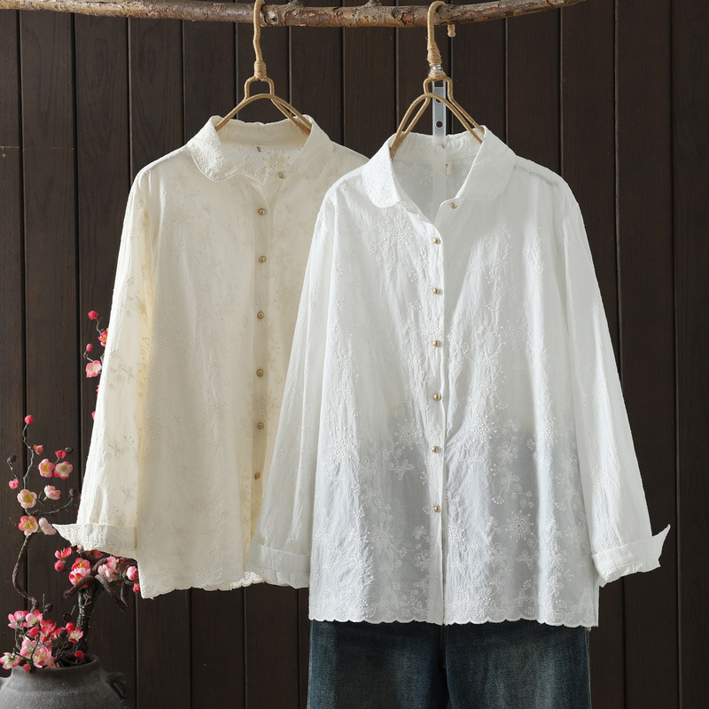 2025 Autumn Korean Style New Jacquard Embroidery Solid Color Pure Cotton Women's Cardigan Long Sleeve Shirt Wholesale Japanese Style