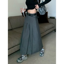 配腰带西装百褶裙高腰A字裙春季新款长裙半身裙女气质灰色裙子ins