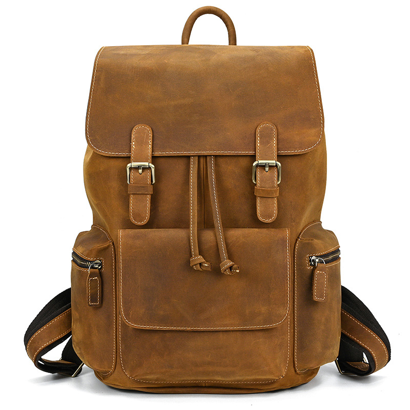 Retro leather capacious backpack, 16 inch, genuine leather, closed toe, cowhide