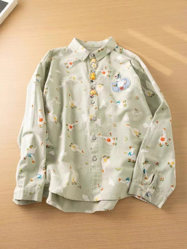 デニムの布のプリントの襟の刺繍のシャツの女性の2025春夏の甘い通勤の毛の長袖の洋風のカーディガンの薄いです。|undefined