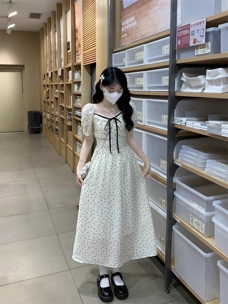 Váy maxi nữ chấm bi phong cách Pháp cổ điển, tay bồng, thắt eo, dài qua gối — Ưu tiên giao hàng tại cửa hàng chi tiết 8