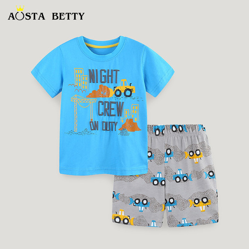 Children's Knit Cotton Set for Summer - 2-Piece Top with Cartoon Print, Round Neck, Boys' Fashion Athletic Wear
