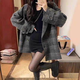 秋冬格子西装毛呢外套女2025新款韩系赫本风短款小个子高级感大衣
