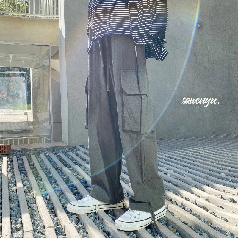 유럽과 미국의 하이 스트리트 스트레이트 포켓 바지 트렌디 브랜드 일본 작업복 스타일 남성용 루즈 캐주얼 바지