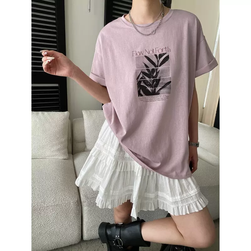 司南 慵懒松弛范 时髦艺术氛围印花宽松休闲圆领短袖T恤 SN8775