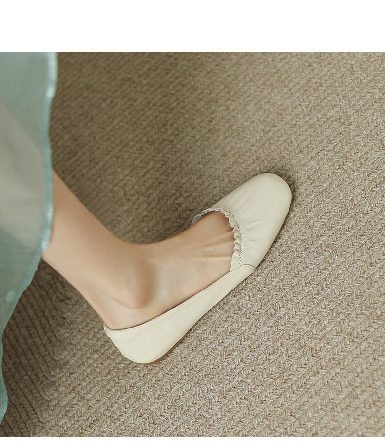 Giày ballet nữ đế bằng da bò mềm mũi tròn phong cách văn nghệ — Màu đỏ rượu chi tiết 13
