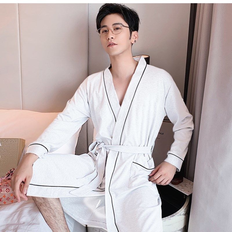 Primavera y otoño pareja camisón de manga larga 100% algodón puro simple color sólido chica cómoda suelta de los hombres de mediana longitud Pijamas