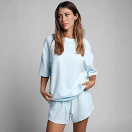 跨境2026亚马逊外贸夏季新款欧美女装上衣纯色宽松短裤休闲套装女