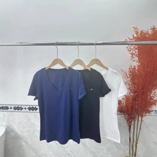 RL拉夫小马标夏季V领纯色纯棉短袖T恤女美式修身上衣打底衫刺绣