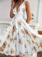 N 66951 V Neck High Waist Sleeves Print Dress ӡ���B��ȹ