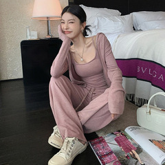 休闲运动套装女春秋高级感一整套穿搭连帽外套搭吊带阔腿裤三件套