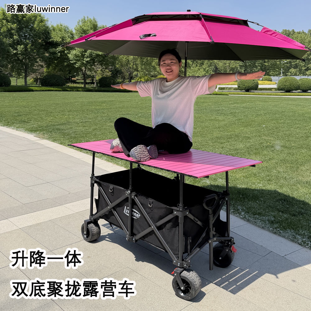 Adjustable height camping cart with elevated egg roll table for selling fried food, barbecue, ice cream, and other snacks