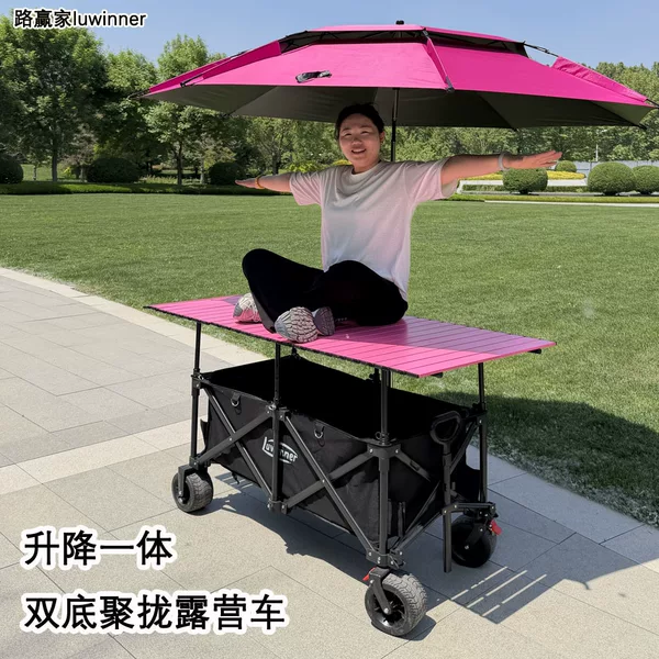 Adjustable height camping cart with elevated egg roll table for selling fried food, barbecue, ice cream, and other snacks