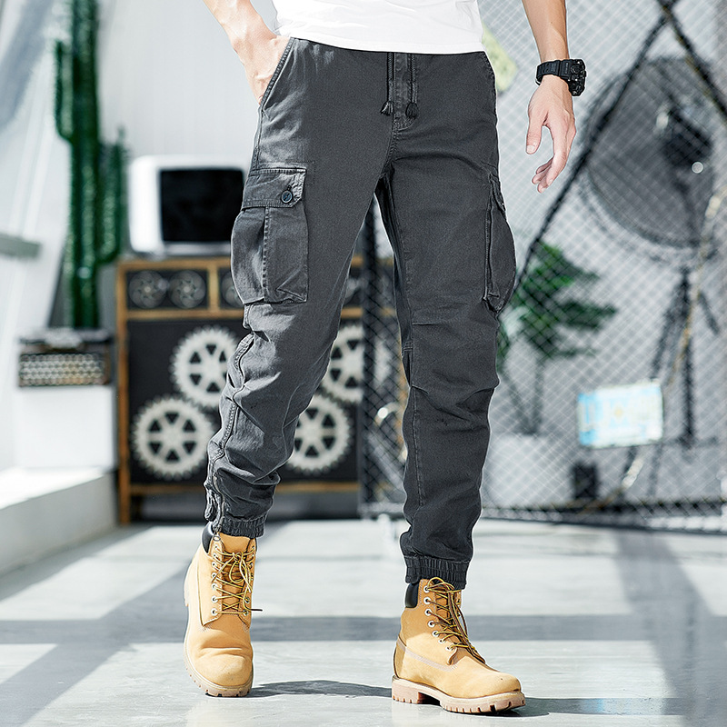 Lavado pesado multi-bolsa guardapolvos de los hombres de primavera y otoño de algodón estiramiento suelta recta marca de moda Pantalones con cremallera pantalones Casuales