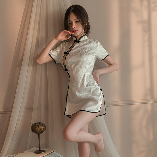 Straw girl sexy underwear retro jacquard disc buckle slit cheongsam style high slit sexy ancient style uniform 1037