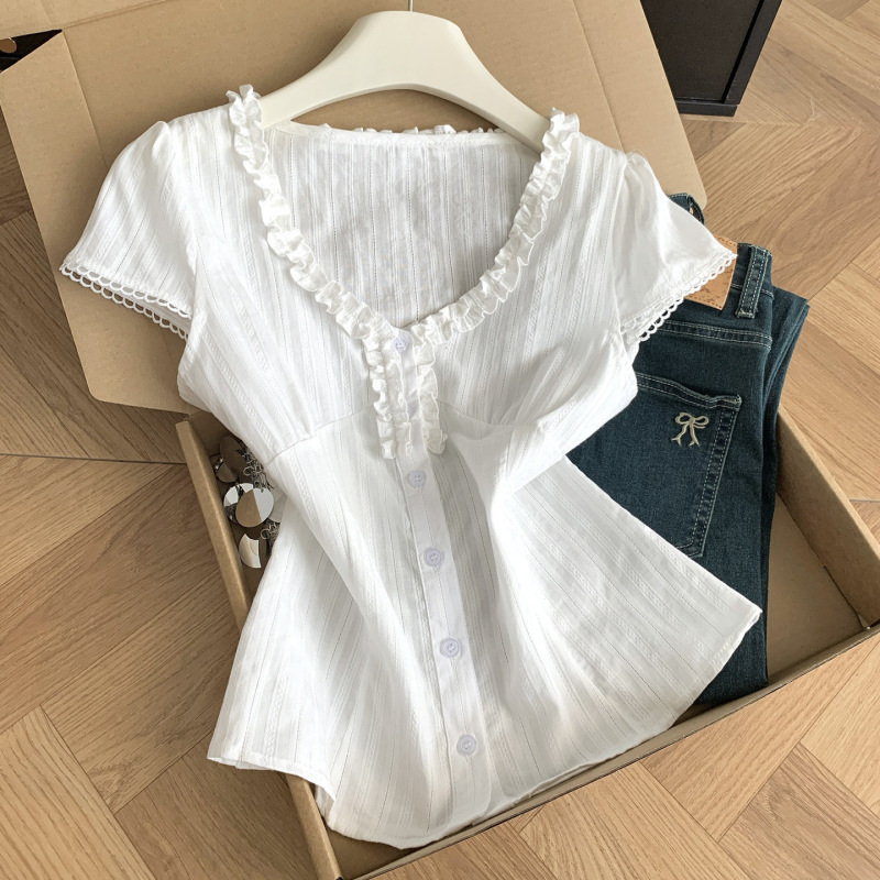 French-Style Sweet V-Neck Lace White Shirt for Women, Summer Waist-Cinching Slim-Fit Short-Sleeve White Top 12026