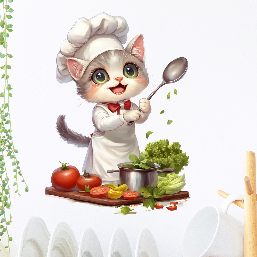 Kitchen Kitten Chef Cooking Wall Stickers Decorate and Beautify Bedroom Room Living Room Self-adhesive Cartoon Stickers