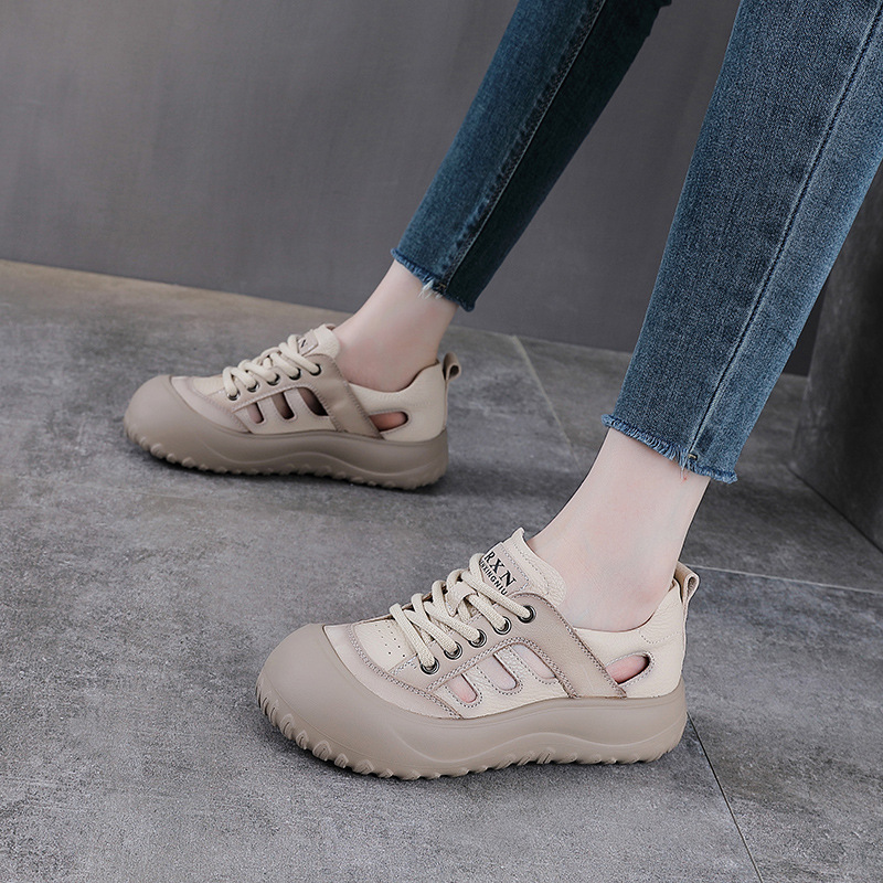 Sandal nữ da bò mũi kín đế dày phong cách La Mã — màu be