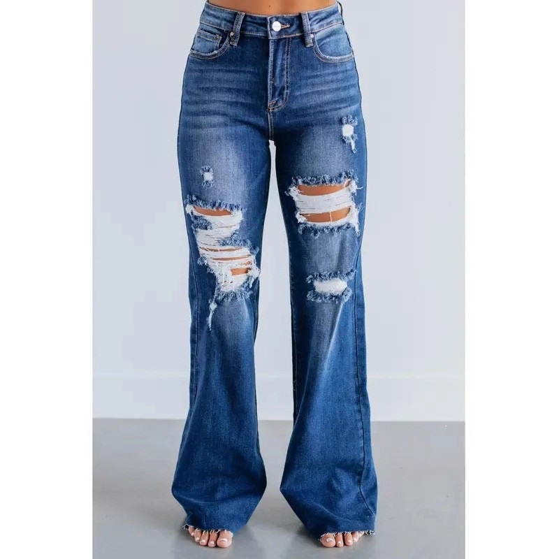 Jeans Rotos de Pierna Ancha y Cintura Alta en Mezclilla de Algodón image 7