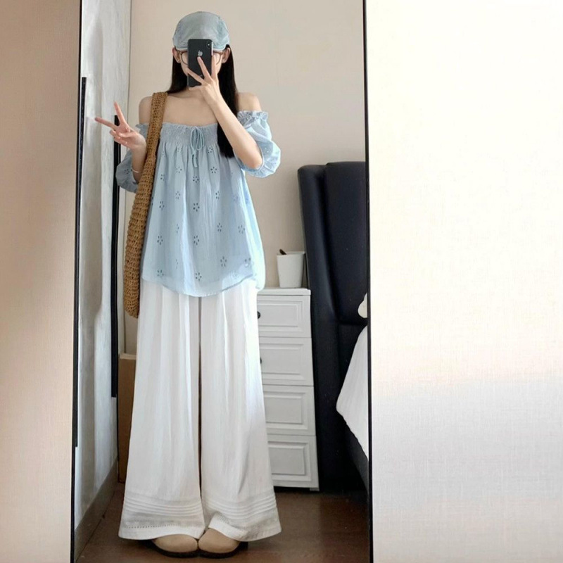 2枚/セット韓国ファッションブルー小ぶりな新鮮な刺繍ワンショルダートップ+ワイドレッグパンツ夏の新スタイル|undefined