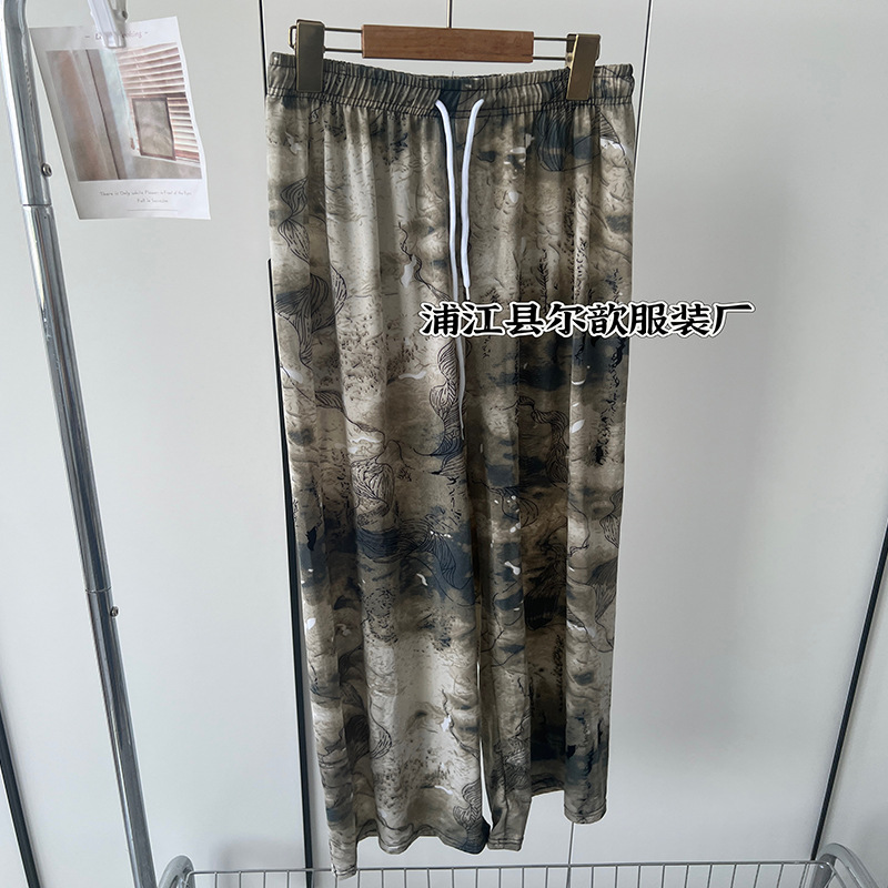 Nueva pintura de tinta china, pantalones anchos de seda de hielo y nieve, pantalones de pierna ancha delgados de verano para niños, cintura alta, pantalones de pierna recta casuales delgados